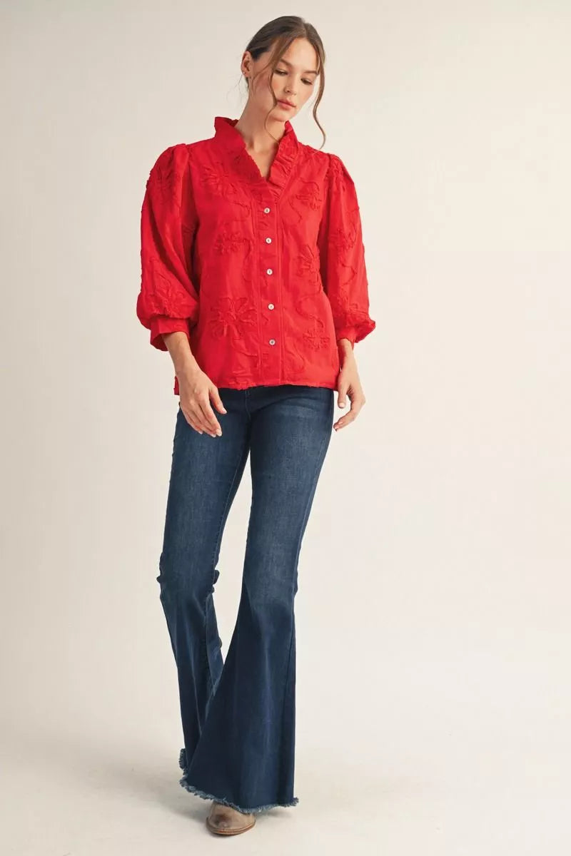 Ruffled Neck Textured Top Red