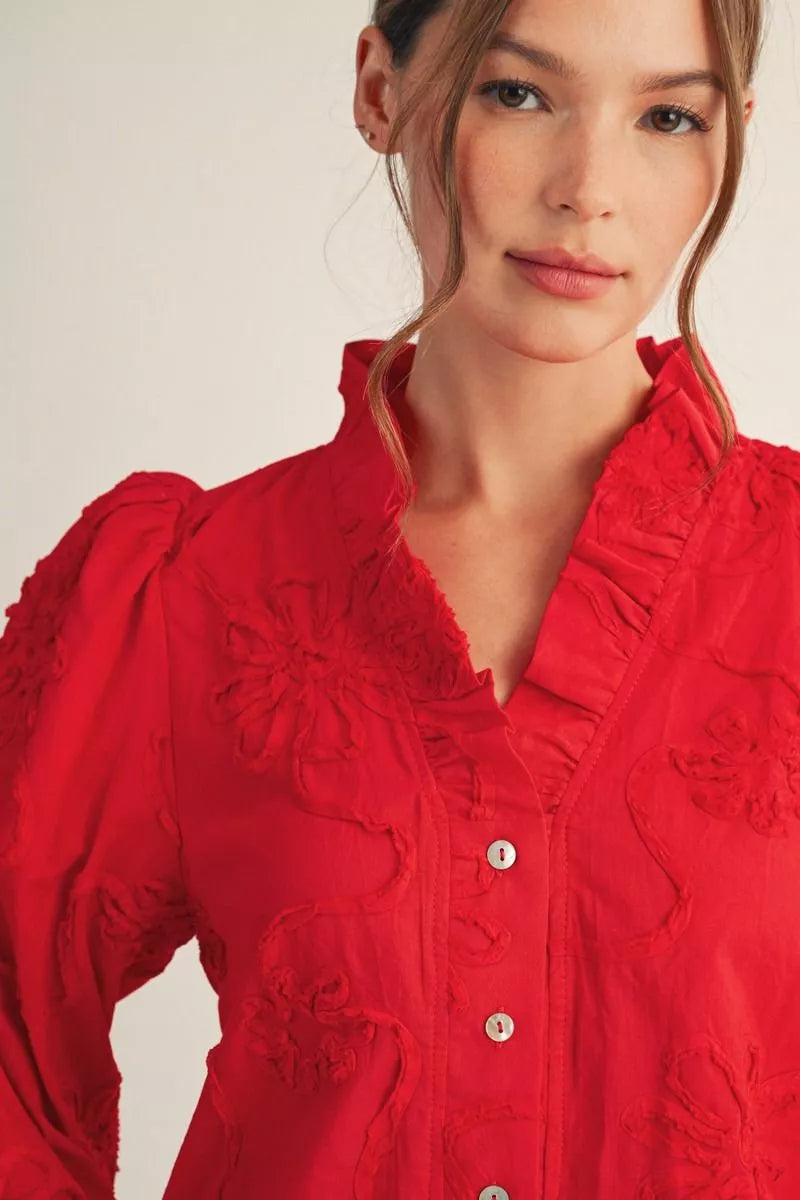 Ruffled Neck Textured Top Red