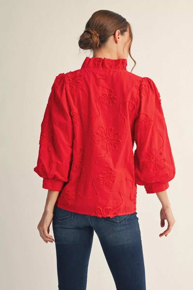 Ruffled Neck Textured Top Red