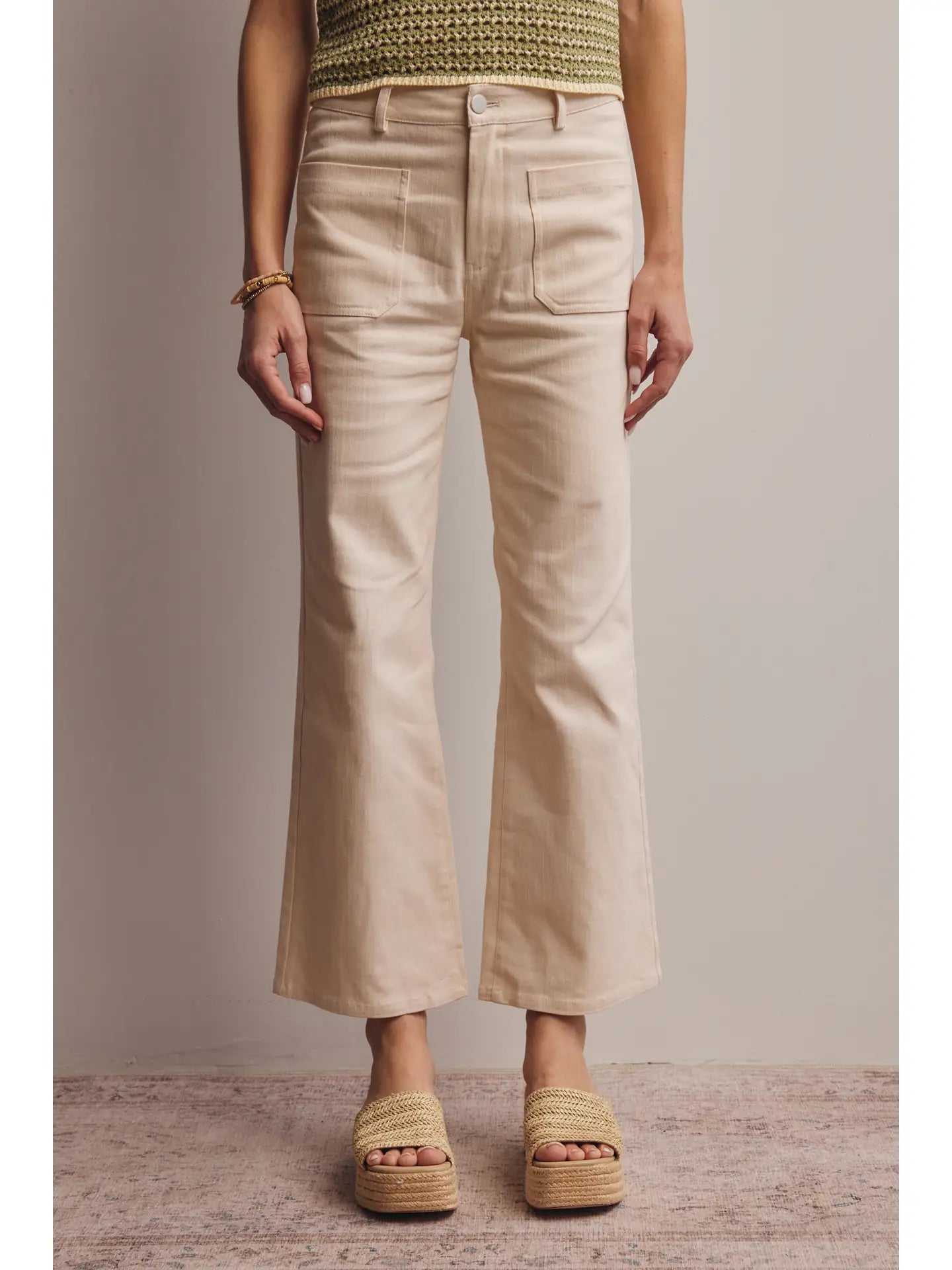 Cropped and Flare Denim Pants Ecru