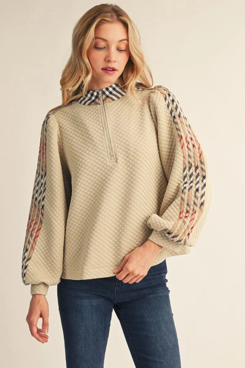 Zip Up Textured Top w Plaid Detail