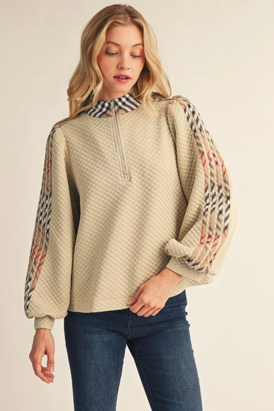Zip Up Textured Top w Plaid Detail