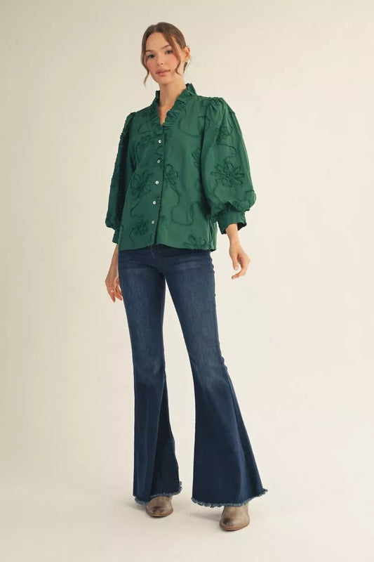 Ruffled Neck Textured Top Green