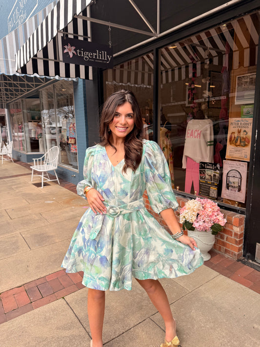 Turquoise Floral Belted Dress