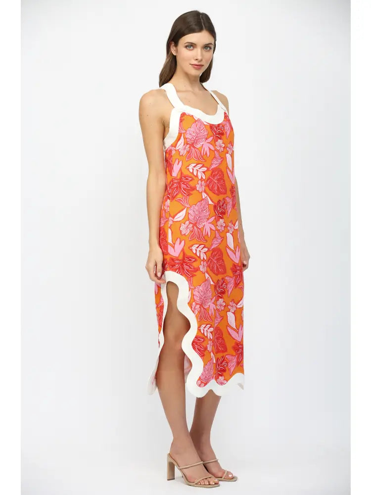 Wavy Edge Tropical Print Midi Dress