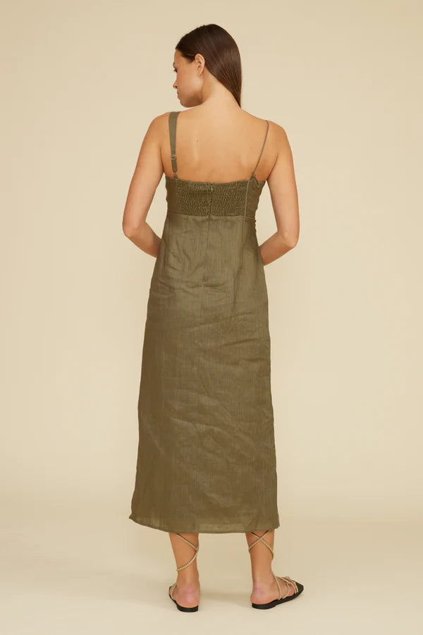 Lucy Paris Olive Linen Midi Dress with Bead Detail