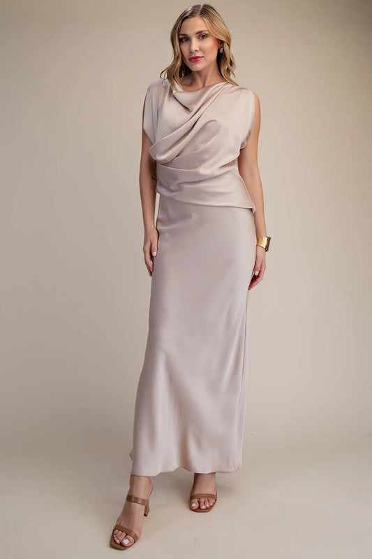 Mock Neck V Neckline Satin Dress Taupe