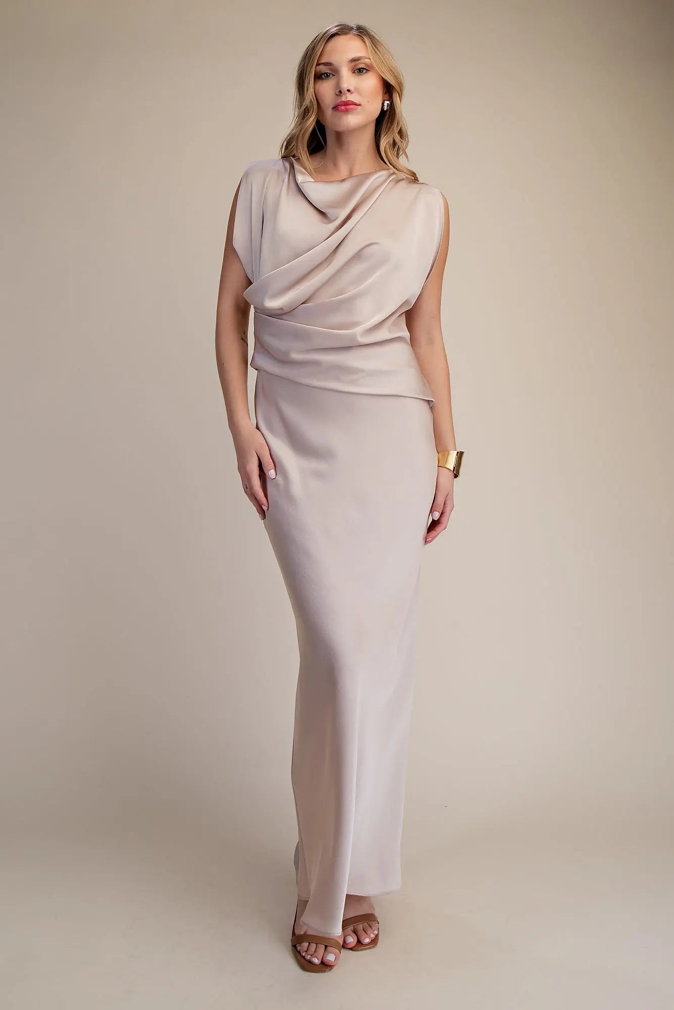 Mock Neck V Neckline Satin Dress Taupe