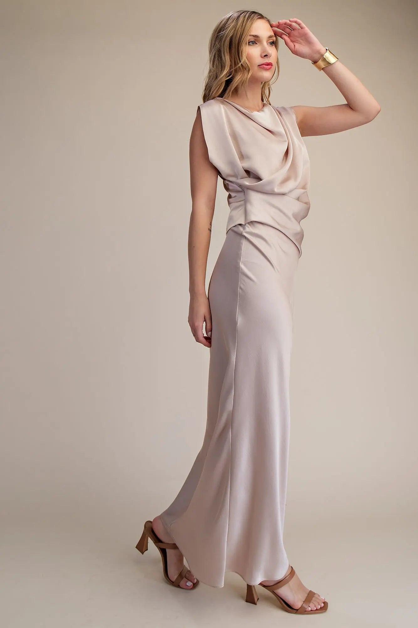 Mock Neck V Neckline Satin Dress Taupe