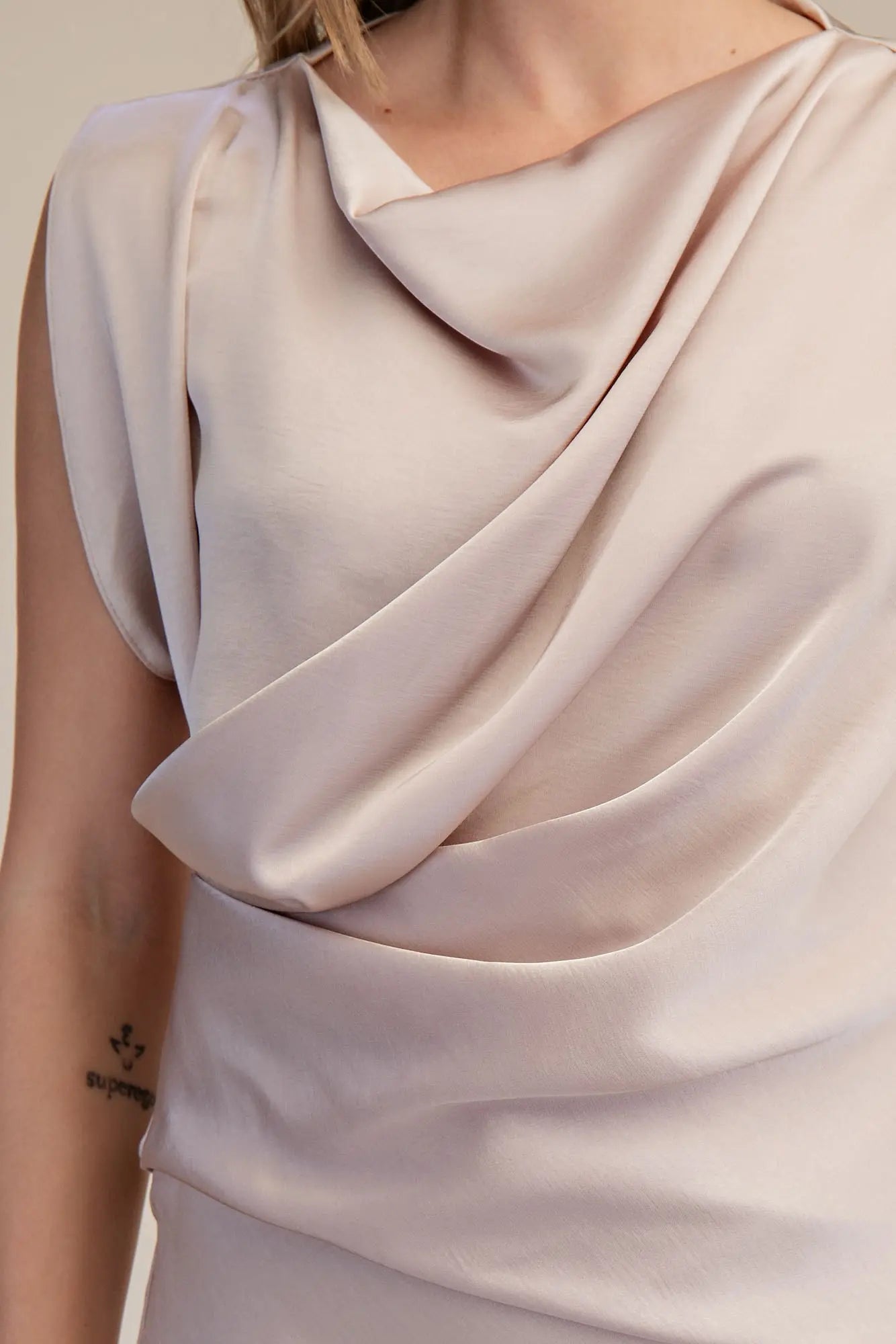 Mock Neck V Neckline Satin Dress Taupe