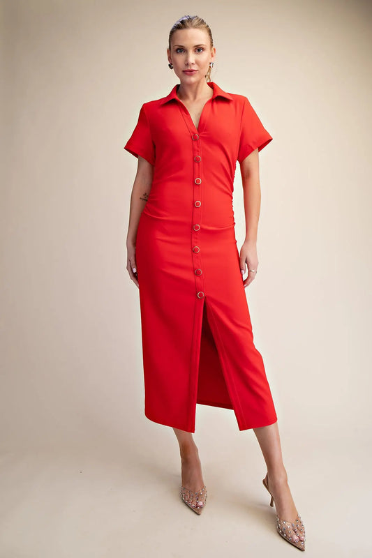 Button Down Side Ruching Midi Dress