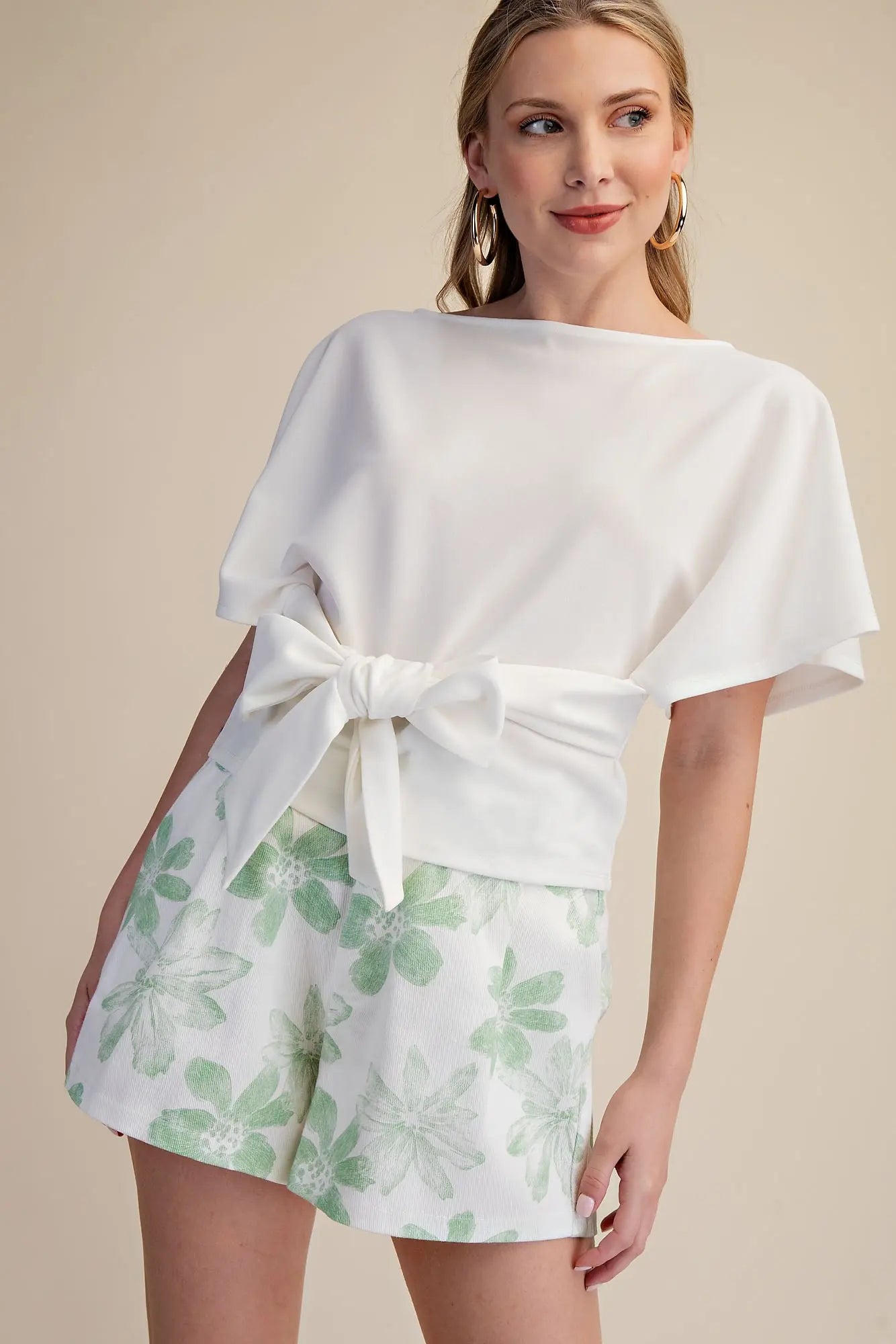 Two Way Tie Boat Neck Bell Sleeve Blouse