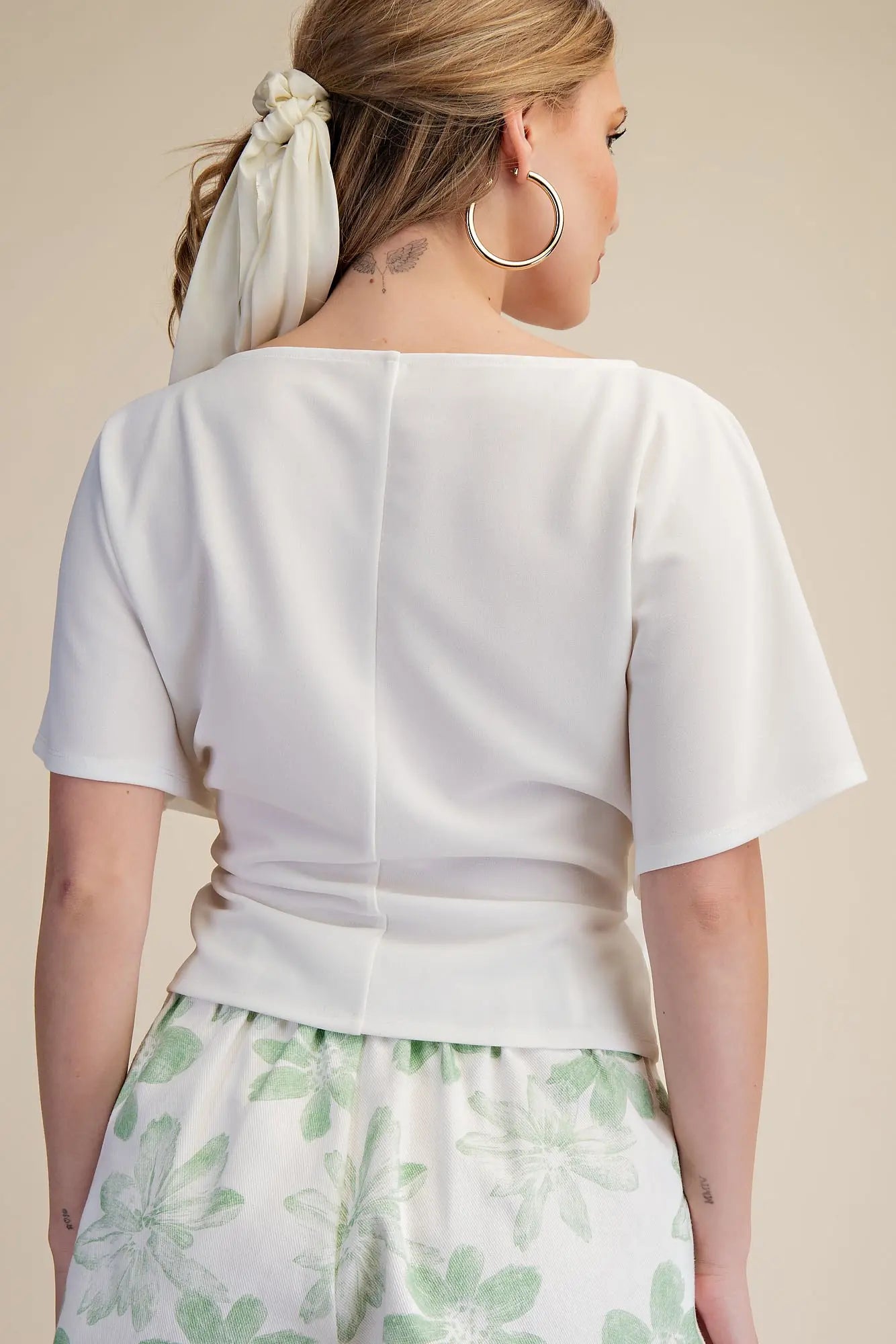 Two Way Tie Boat Neck Bell Sleeve Blouse