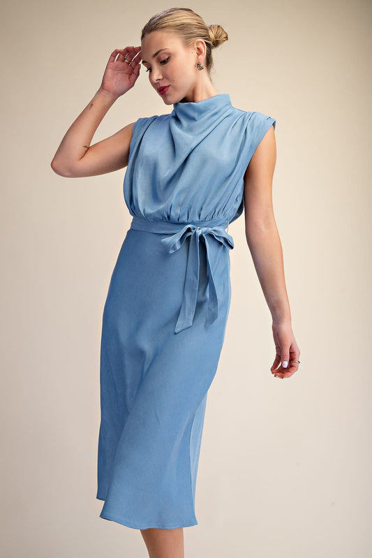 Cowl Neck Tie Waist Midi Dress