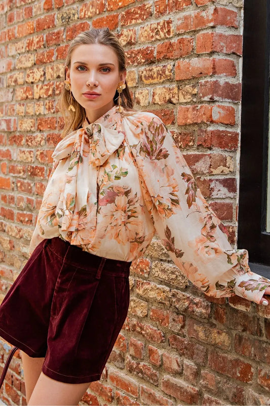 Flower Print Tie Neck Blouse