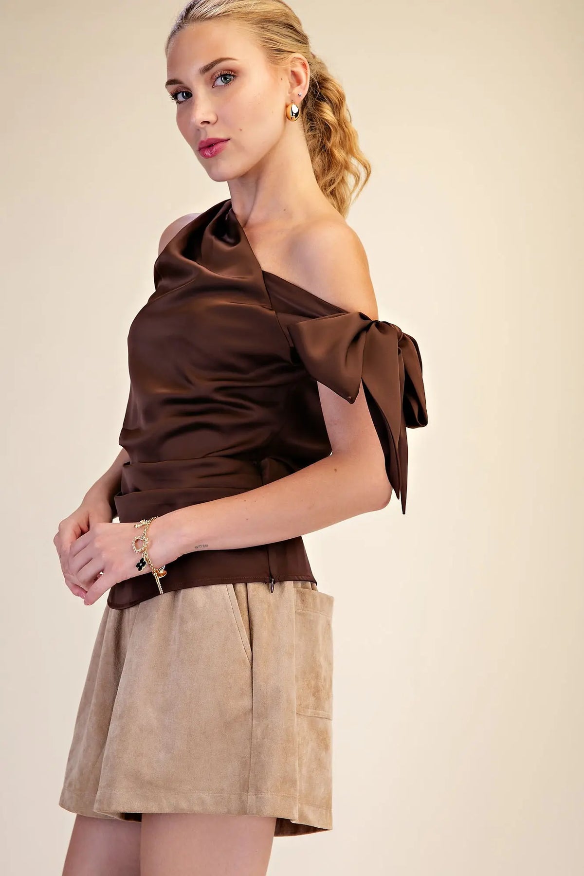 Satin Off Shoulder Bow Top