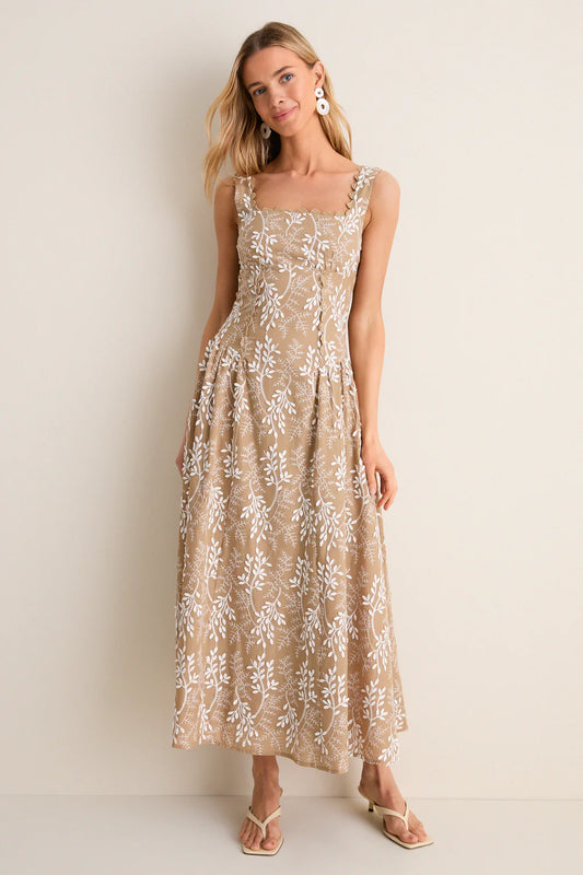 Moon River Mocha Square Neck Trim Corset Detail Midi Dress