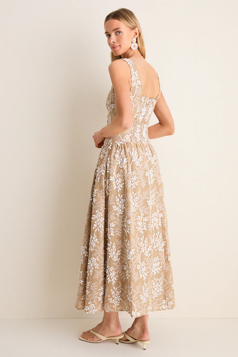 Moon River Mocha Square Neck Trim Corset Detail Midi Dress