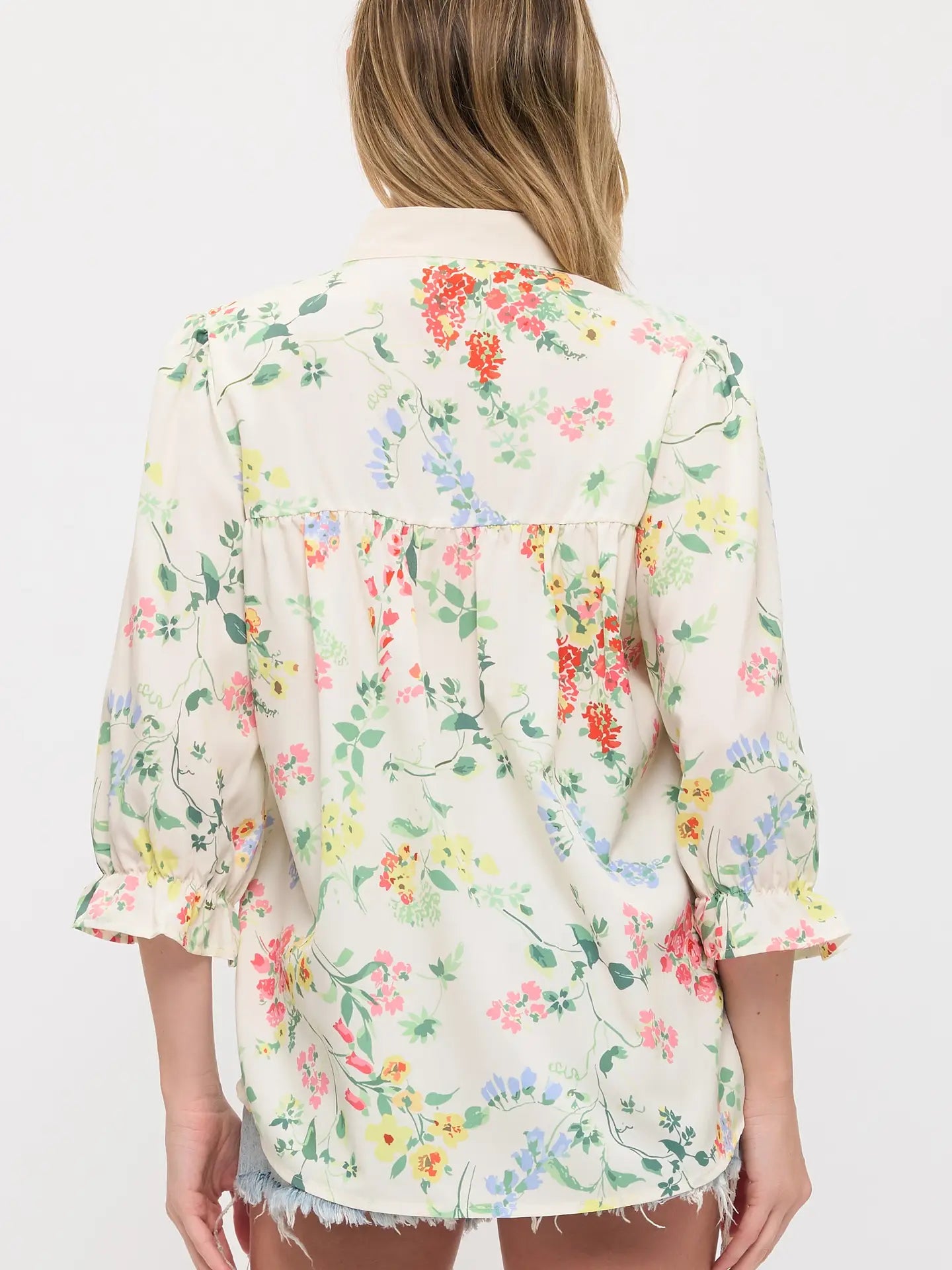 Floral Stand Collar Scalloped Yoke Trim Blouse