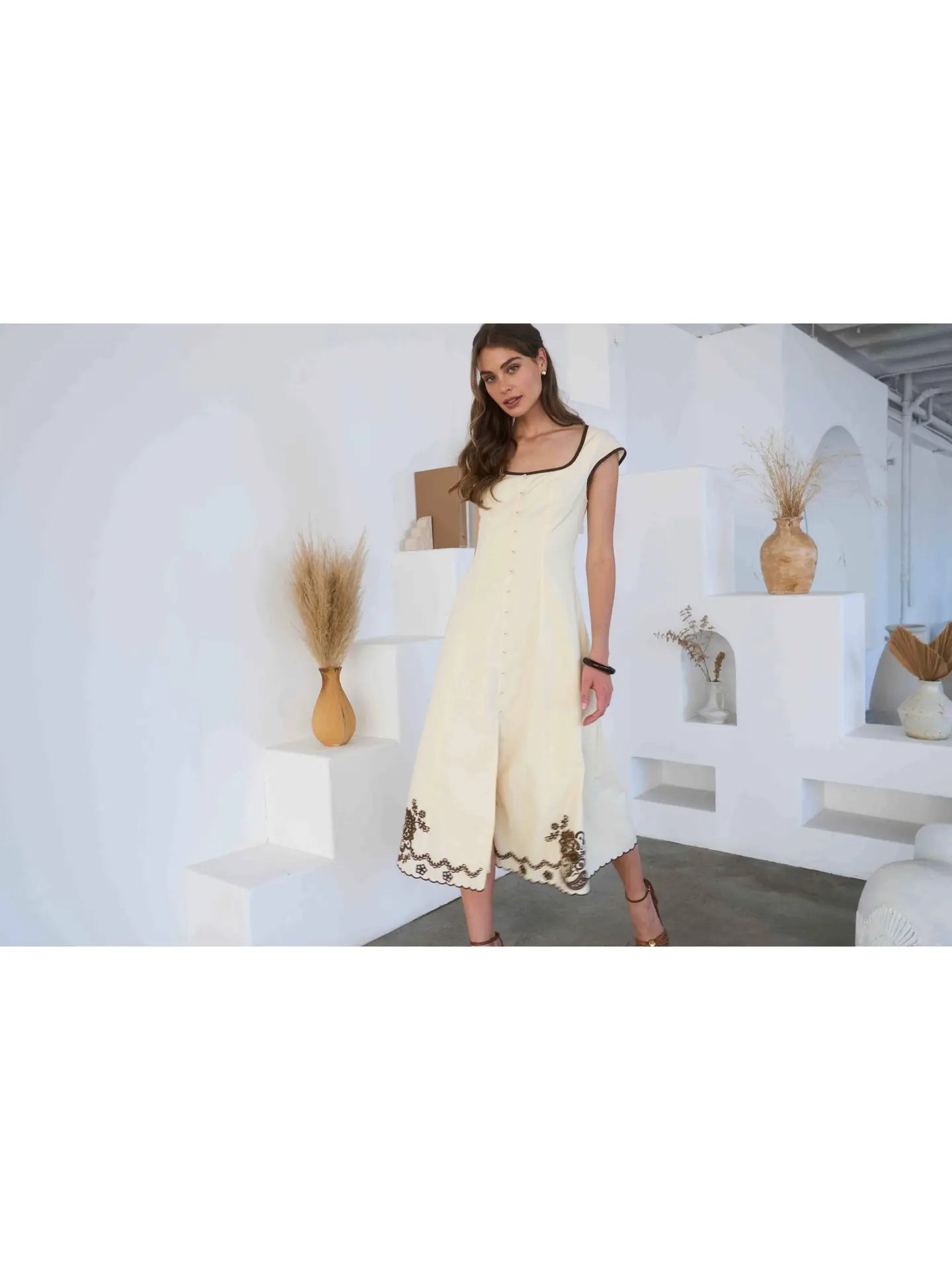 Moon River Embroidery Detail Midi Dress Cream Multi