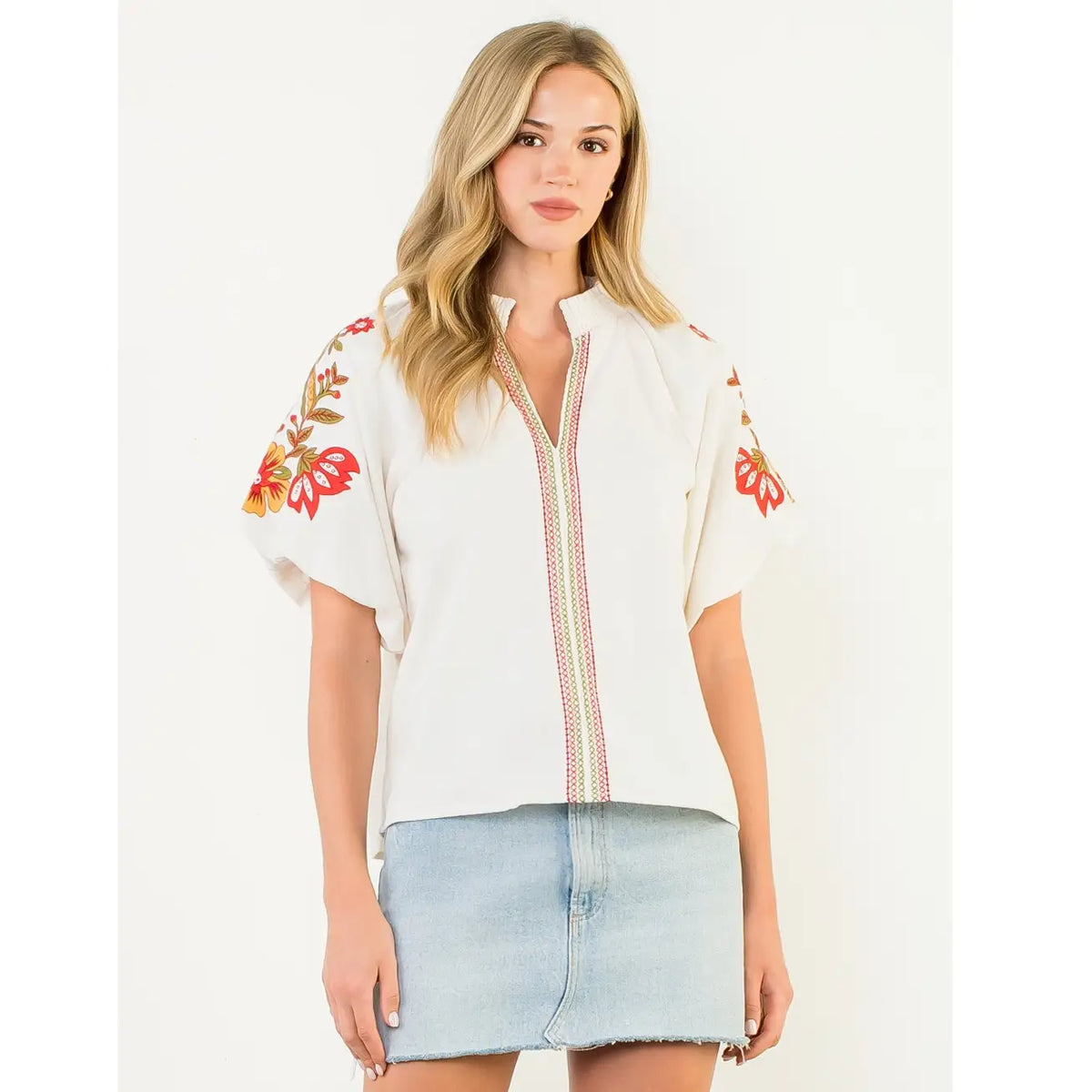 Embroidered Detail Puff Sleeve Corduroy Top