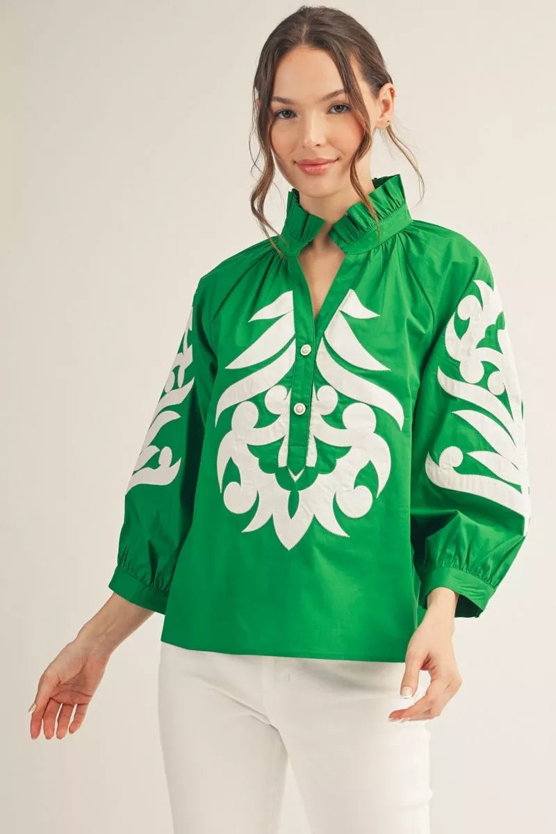 Applique detail top with ruffled neckline 3/4 Sleeve