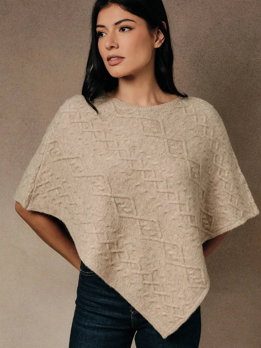 Crew Neck Asymmetric Poncho Sweater Mocha