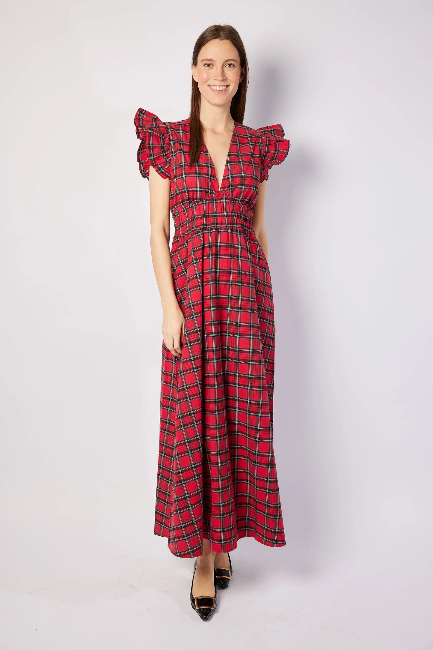 Sail to Sable V-Neck Flutter Sleeve Maxi Red Plaid