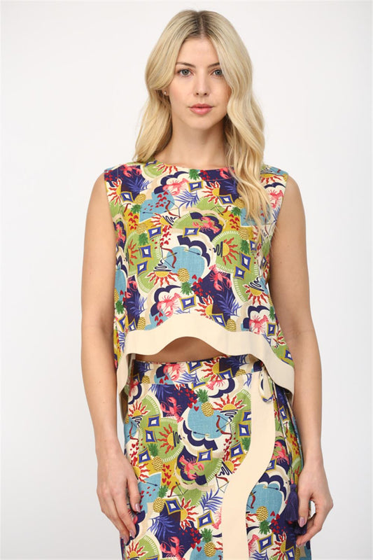 Summer Print Sleeveless Top w/ Wrap Skirt Set