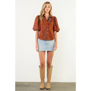 Puff Sleeve Plaid Corduroy Top