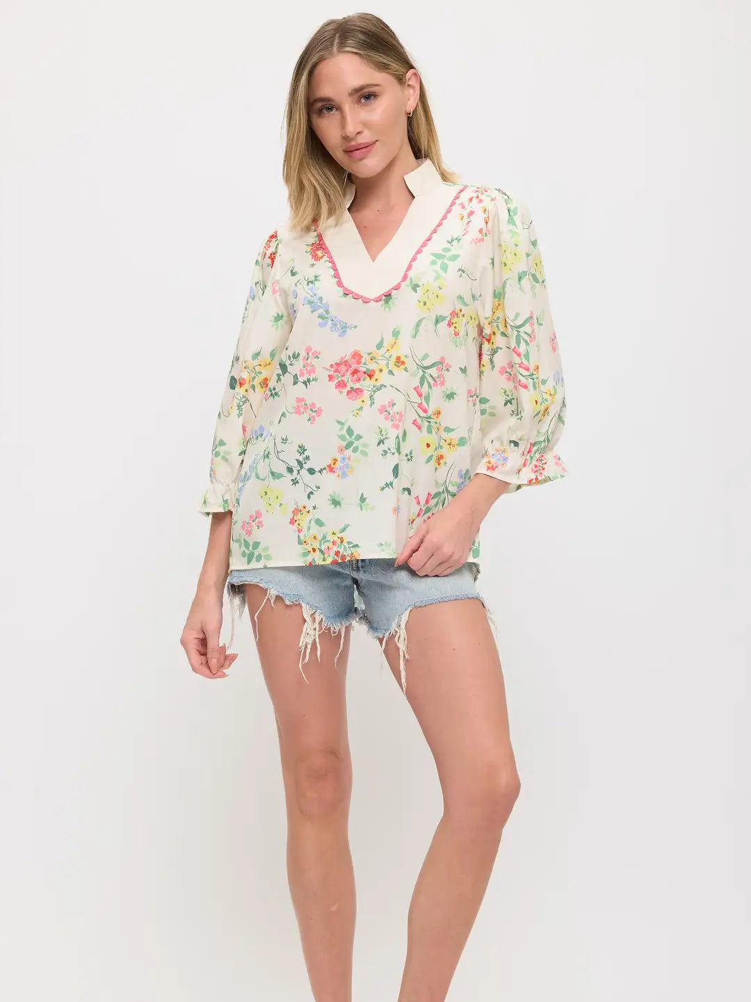 Floral Stand Collar Scalloped Yoke Trim Blouse