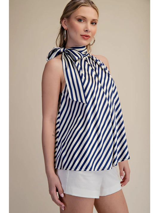 High Collar Tie Neck Stripe Top Navy