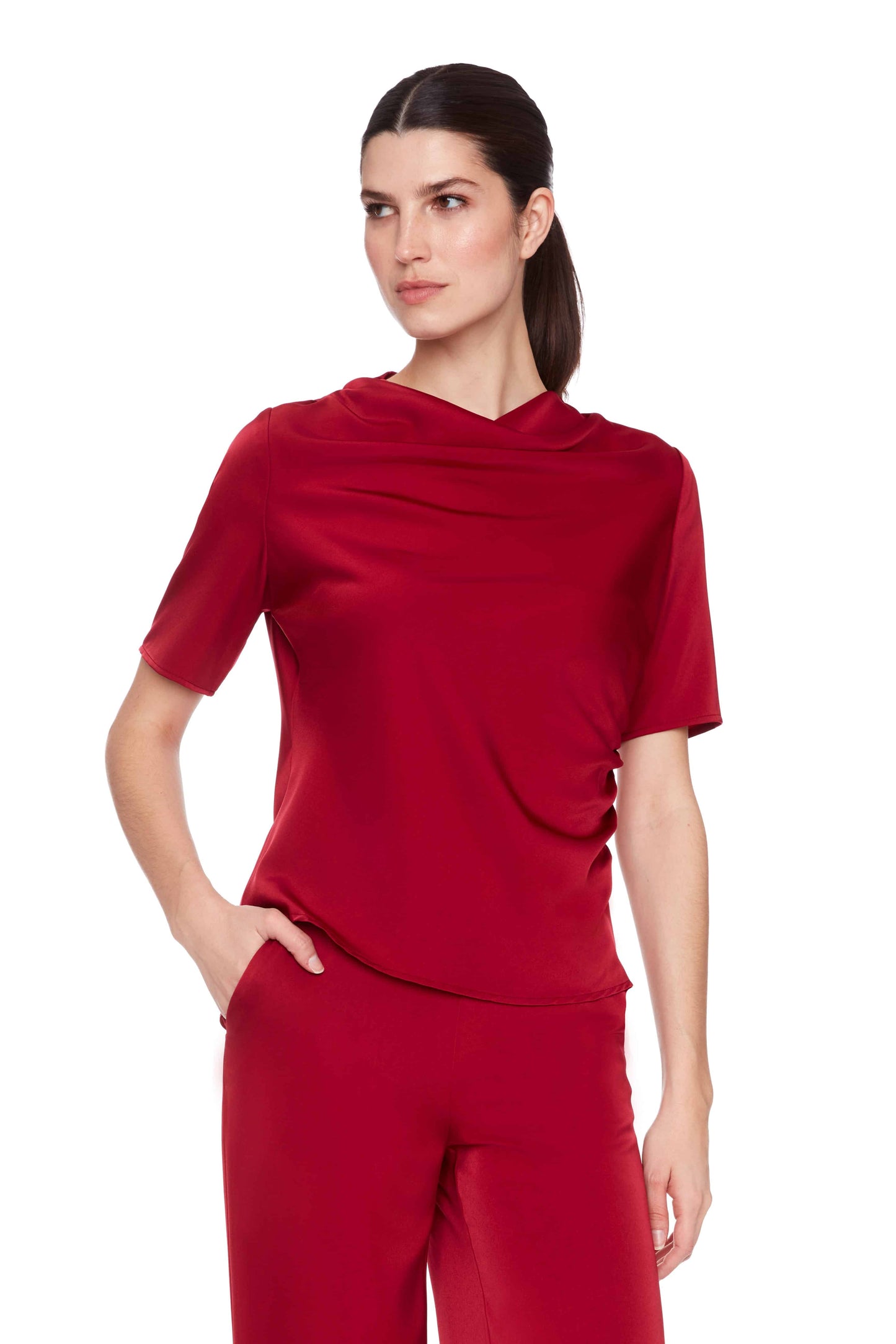 Up! Satin Cowl Neck Top Lava