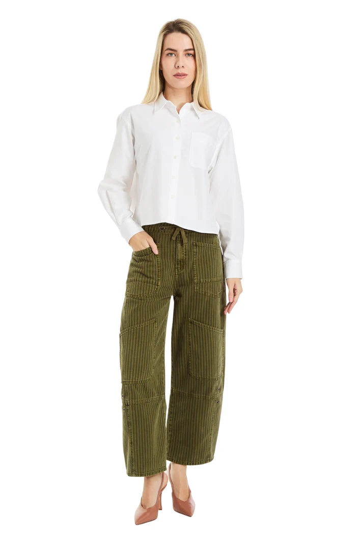 Tractr Grommet Waist Patched Wide Leg Olive