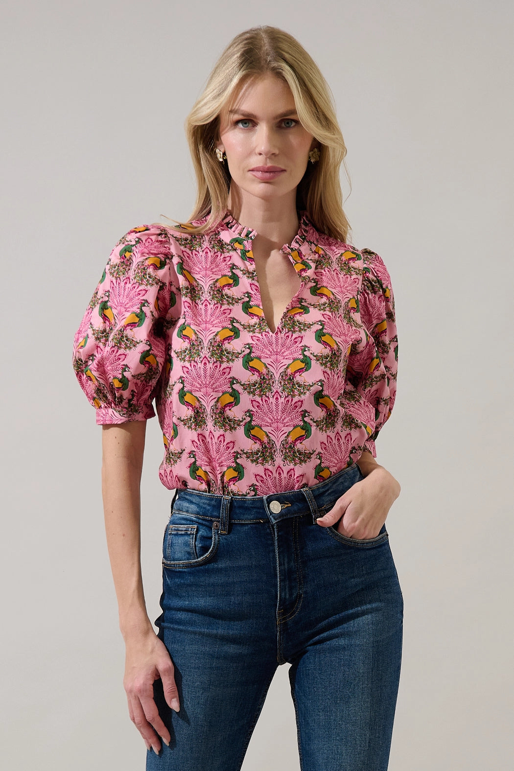Peacock Puff Sleeve Top Pink/Green