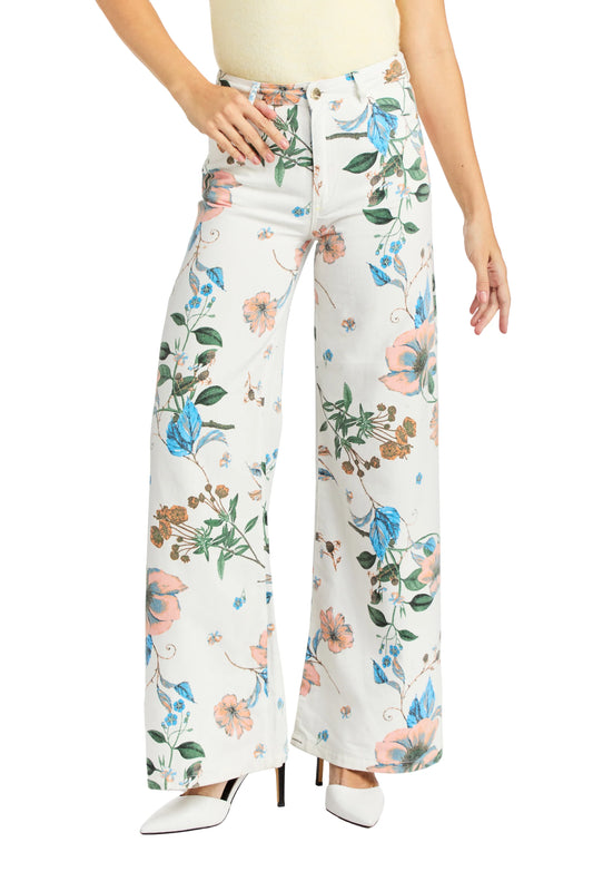Tractr Floral Printed Wide Leg White Jean