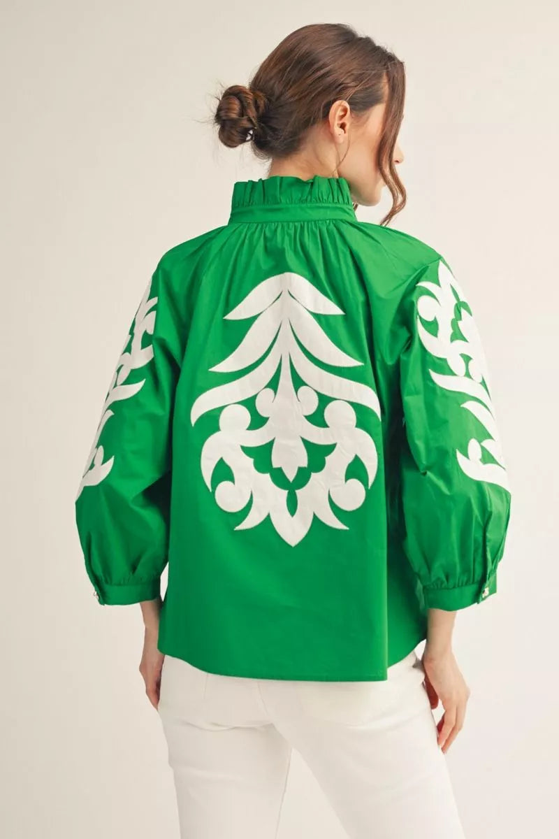 Applique detail top with ruffled neckline 3/4 Sleeve