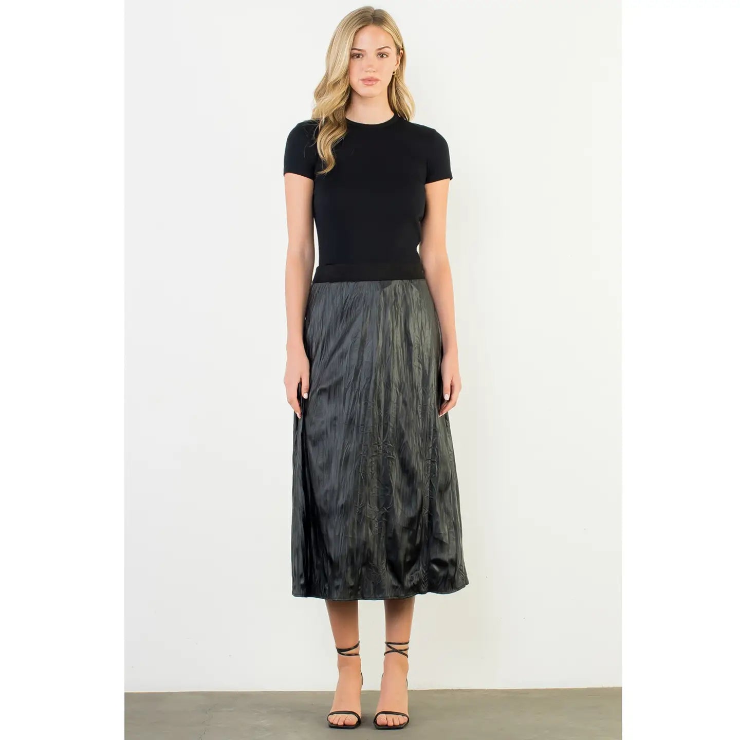 Crinkled Leather Midi Skirt Black