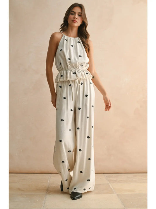 Embroidery Detail Halter Linen Set