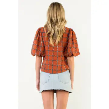 Puff Sleeve Plaid Corduroy Top