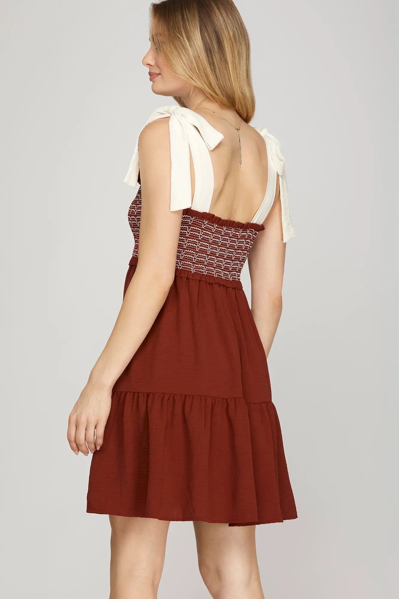 Shoulder Tie Smocked Tiered Mini Dress Garnet