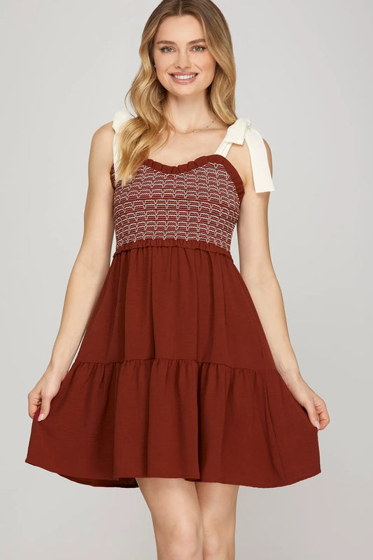 Shoulder Tie Smocked Tiered Mini Dress Garnet
