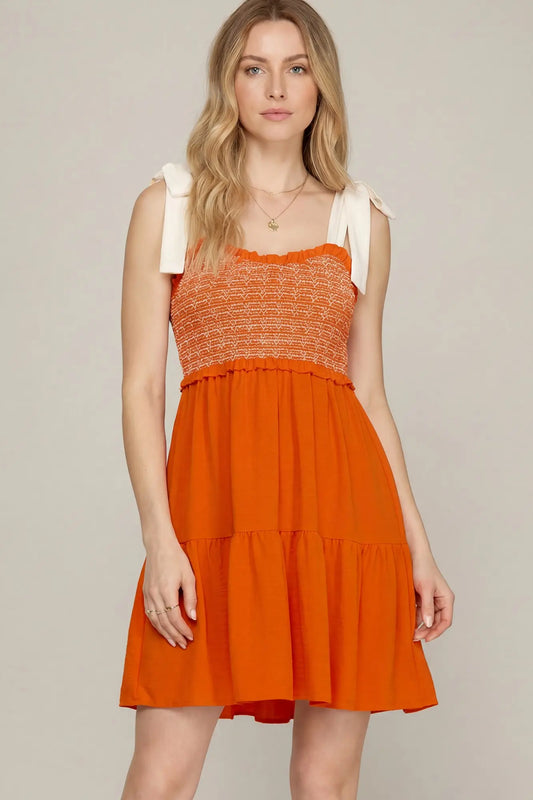 Shoulder Tie Smocked Tiered Mini Dress Orange