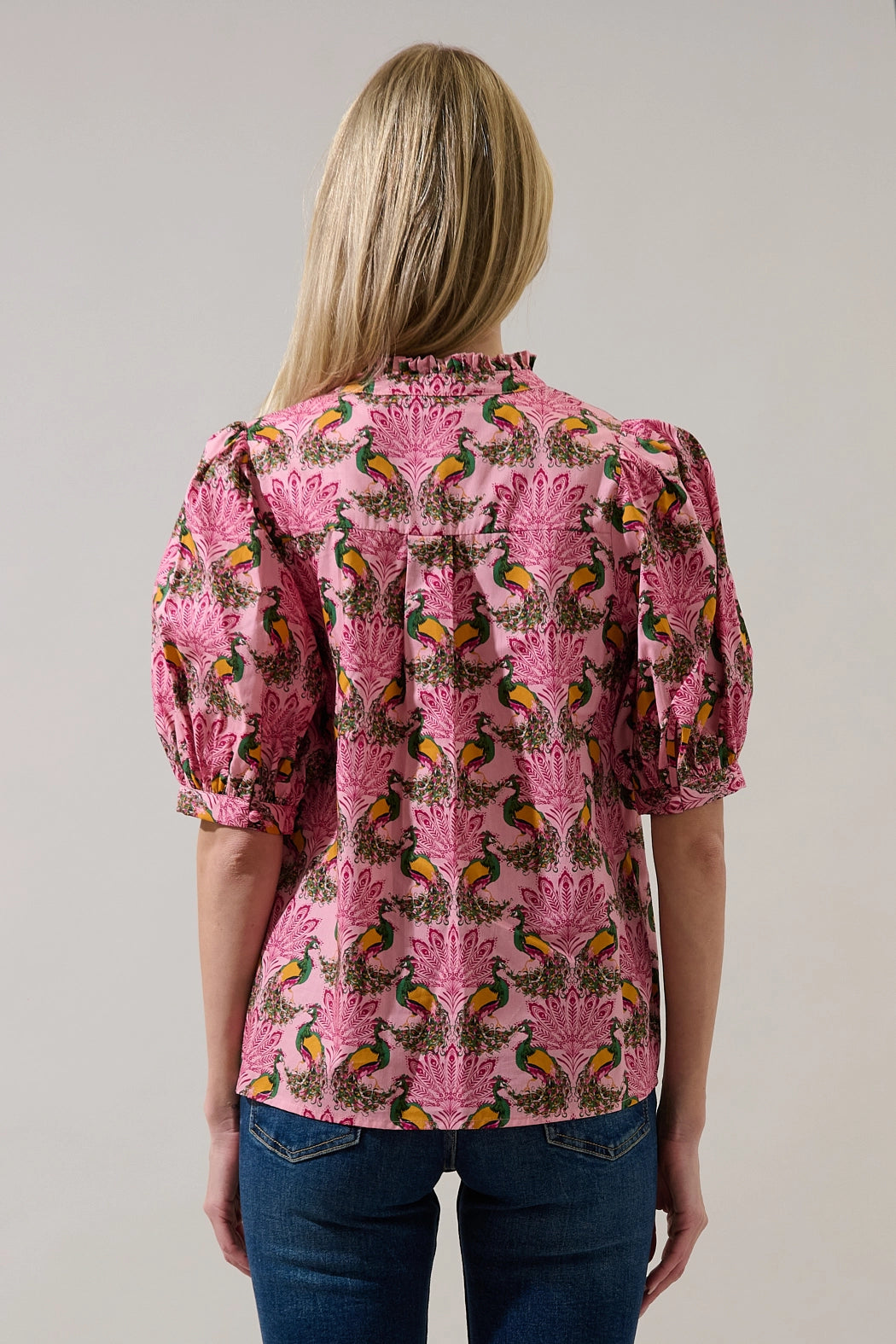 Peacock Puff Sleeve Top Pink/Green