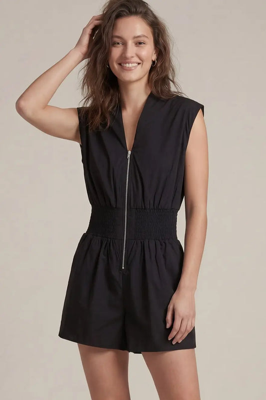 Cap Sleeve Smocked Romper w Pockets Black