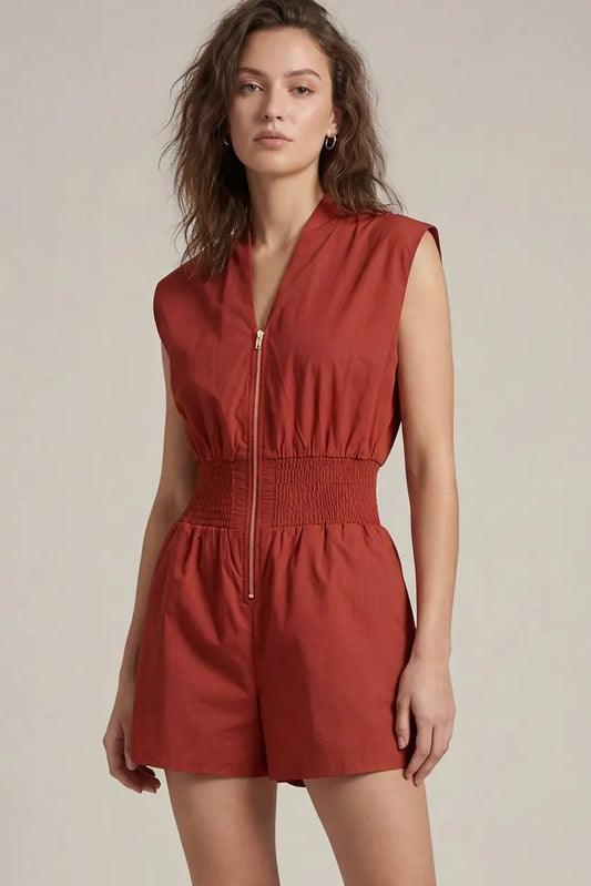 Cap Sleeve Smocked  Romper with Pockets Garnet