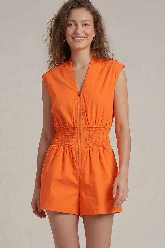 Cap Sleeve Smocked Romper with Pockets Orange