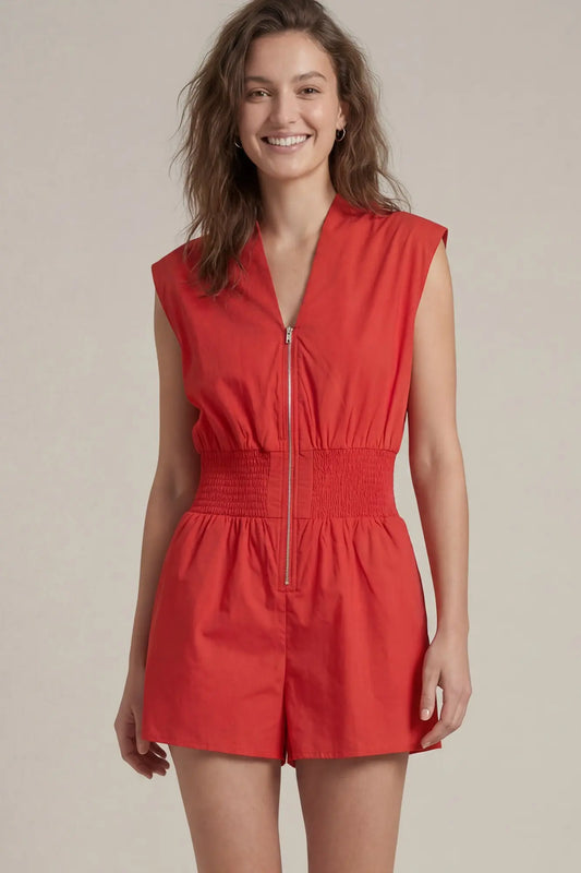 Cap Sleeve Smocked Romper w Pockets Red