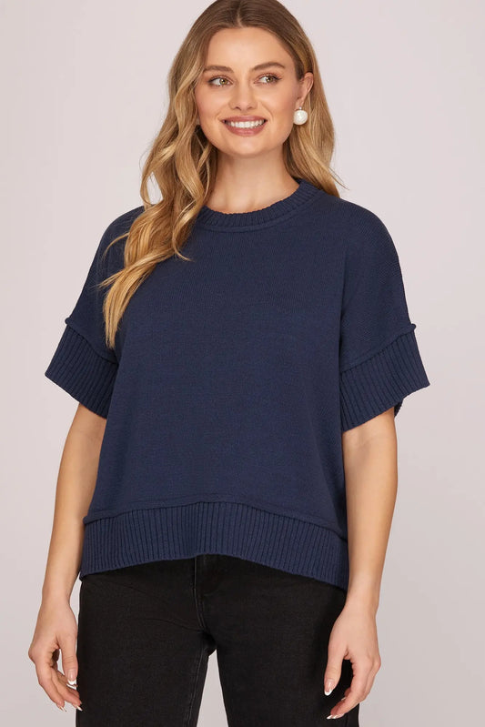 Drop Half Sleeve Crew Neck Sweater Top