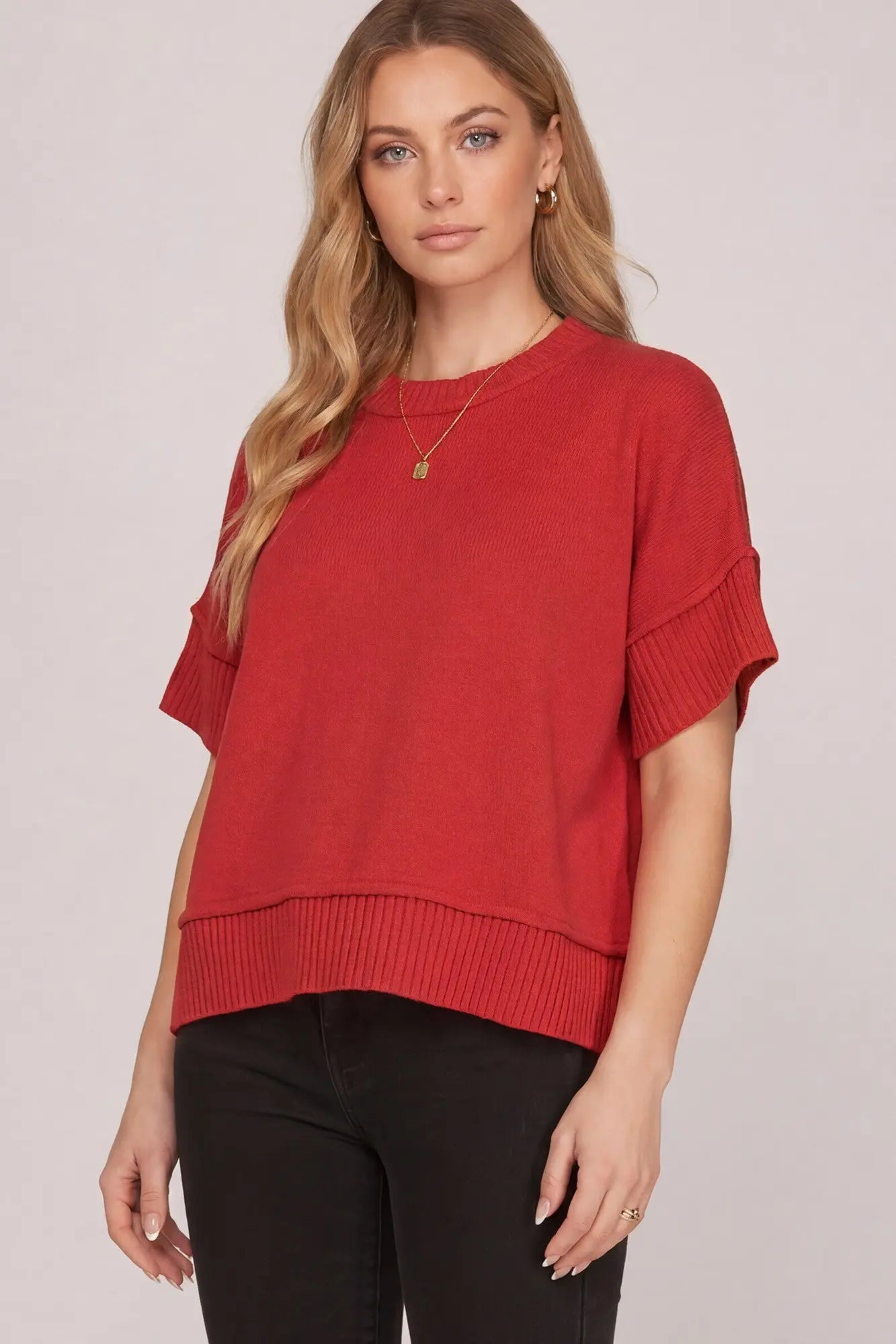 Drop Half Sleeve Crew Neck Sweater Top Red